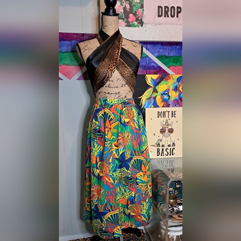 Vtg 80s That's Me Tropical Print Skirt with Side Pockets SZ 13/14 (Waist 30in)